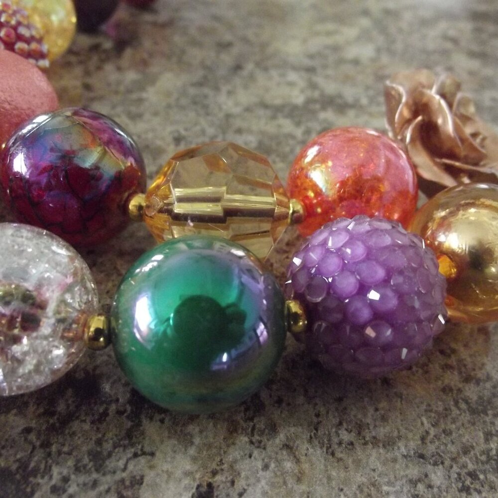 Lot of 2 Necklaces Chunky Beaded Artisan Made - Purple, teal, pink & Gold Tones - Picture 6 of 7